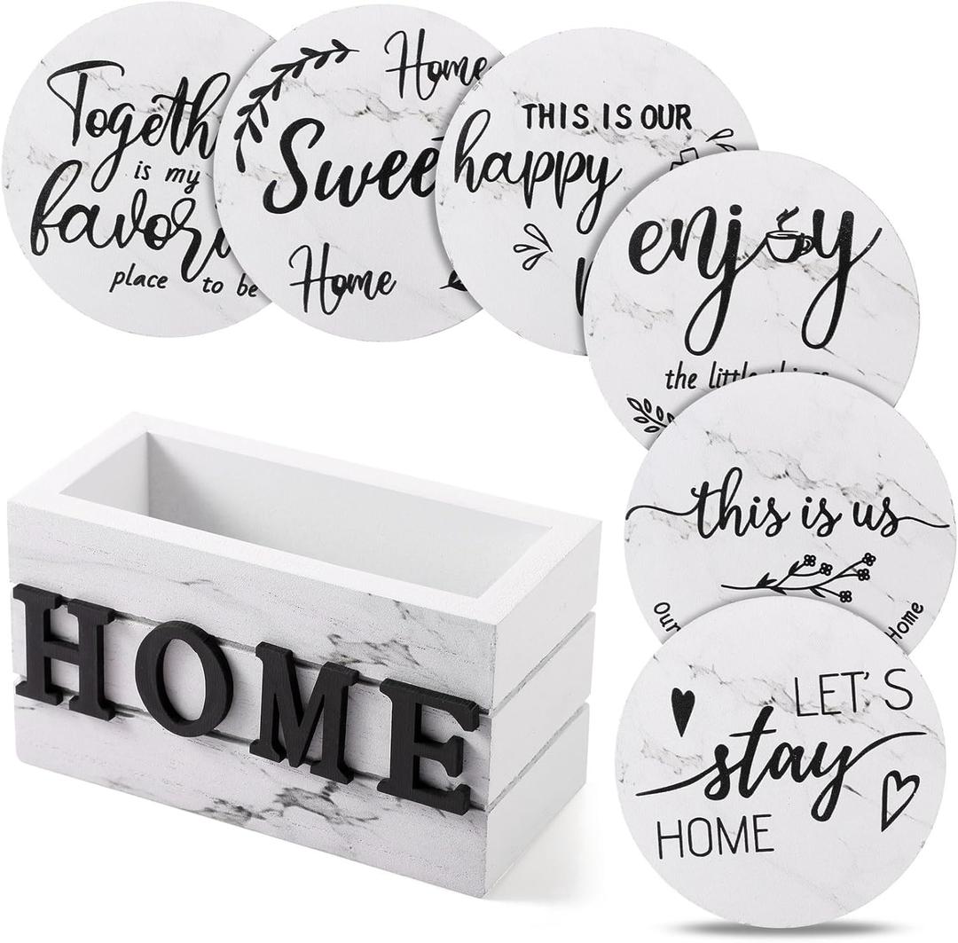Queekay Coasters Set of 6 House Warming Gifts New Home Wooden Farmhouse Drink Coasters with Holder 4'' Funny Decoration for Kitchen Family Coffee Bar Tabletop Protection(White Marble)