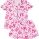 SHENHE Women's 2 Piece Pajama Set Bow Graphic Button Down Short Sleeve Lapel Shirt Pj Short Set (XX-Large, Deep Pink)