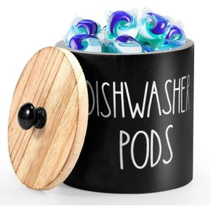 Dishwasher Pod Holder, Black Rustic Round Laundry Pods Container, Dishwasher Tablet Container for Kitchen Decor, Laundry Room Organization and Storage Containers with Wooden Lids