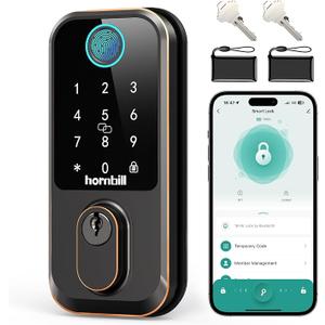 Hornbill WiFi Smart Lock Deadbolt, Keyless Entry Front Door Lock, Fingerprint Electronic Deadbolt Compatible with Alexa, Touchscreen Keypad Code Unlock for Home Office Hotel