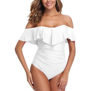 ZINPRETTY Womens Retro One Piece Bathing Suit Tummy Control Off Shoulder Swimsuit Flounce Ruffled Monokini Full Coverage (Large)
