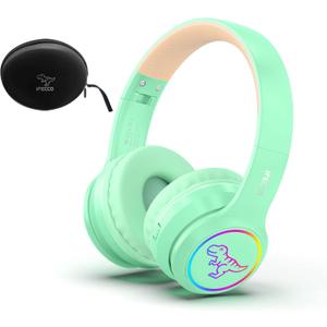 IFECCO Kids Wireless Headphones with Microphone,Cute Light Up Dinosaur Children Boys Girls Bluetooth Headphones with Case for School Travel Gifts (green-yellow)