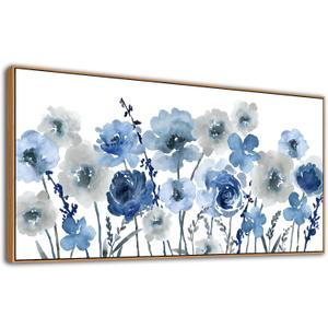 Framed Flowers Canvas Wall Art - Indigo Floral Canvas Pictures Living Room Wall Decor Botanical Canvas Prints Painting Abstract Artwork Bedroom Office Home Decor 20"x 40"