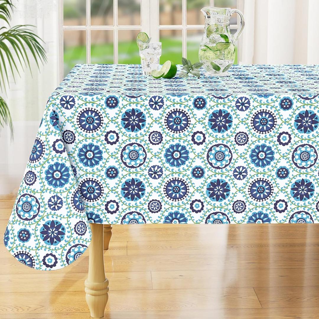 misaya Square Waterproof Vinyl Table Cloth, Wipeable Tablecloth with Flannel Backing, Plastic Table Cover for Dinner, Picnic, Indoor and Outdoor (Navy Mandala, 54" x 54")
