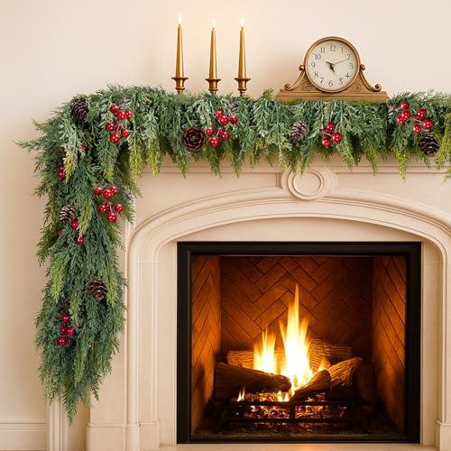 ENVEN Artificial Cedar Christmas Garland Real Touch Realistic Soft and Thickness Garland Faux Full Greenery Holiday Garland for Mantel, Fireplace, Front Door, Indoor Outdoor Xmas Decoration (9FT)