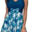 Kate Kasin Women's Two Piece Swimsuits Tummy Control Back Cross Flowy Swimdress Bathing Suits with Boyshorts Swimwear, Small, Blue White Lea