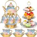 21 Pcs Ceramic Teapot Set Vintage Porcelain Tea Cups with Metal Holder and High Tier Cupcake Stand Saucers for Women Girls Farmhouse European Weddings Party Decor Gifts (Blue,Vivid)