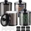 SheeChung 2-Pack Black Acrylic Apothecary Jars with Chalkboard Labels - Shatterproof Qtip Holder for Bathroom - Vanity Storage Canisters for Cotton Swabs, Balls, Floss Picks- Modern Minimalist Decor