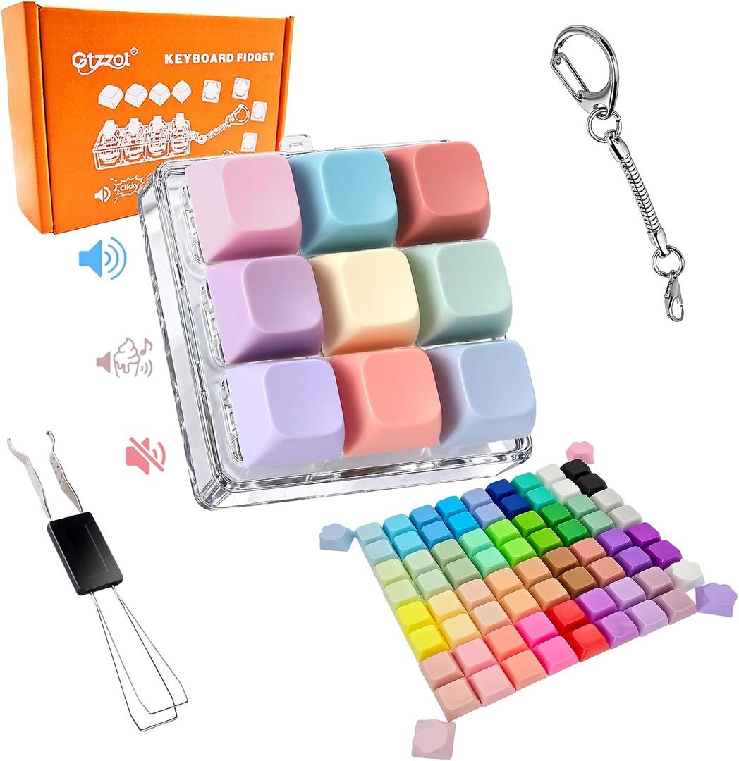 9-in-1 Keyboard Fidget Toy in Gift Box—Clicky, Creamy & Silent Stress Relief Clicker Keychain, 75 Colorful Removable Keycaps with Cat Paw | Quiet Button Fidget for Adults, Calm Anxiety Office Travel