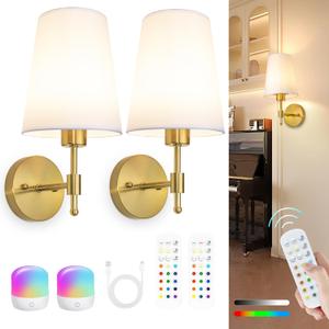 Laiebri Battery Operated Wall Sconces Set of 2, Rechargeable Gold Wall Sconce with Remote Control, 12 Colors RGB Magnetic Bulb, Wireless Battery Wall Lamp for Bedroom Living Room Hallway (14 inch B11)