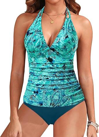 Yonique Womens Two Piece Swimsuits Tummy Control Tankini Plus Size Bathing Suit Halter V Neck Swimwear XL