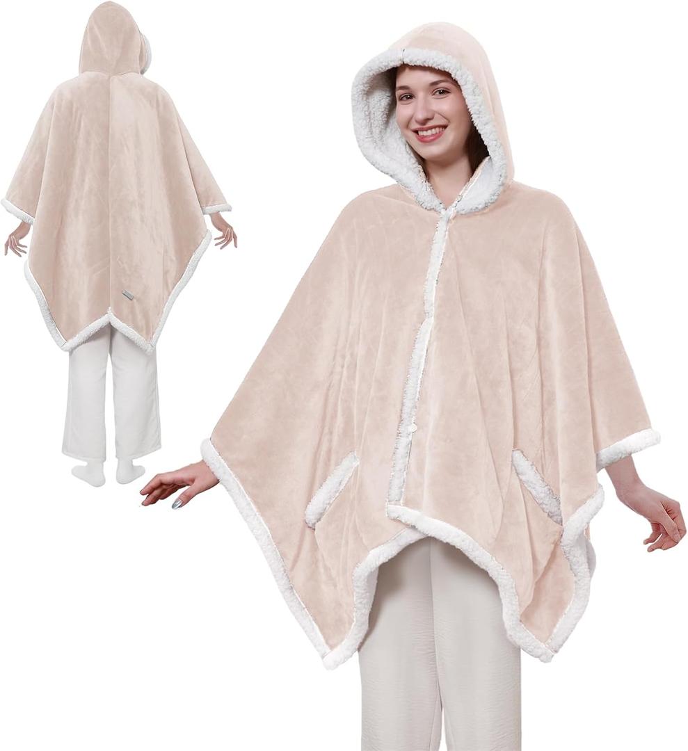Sealy Heated Throw Wearable Shawl Wrap with Pockets, Reversible Flannel to Sherpa Electric Blanket Hoodie Poncho with 6 Heating Levels & 2-10 Hours Time Settings, 50 X 60 Inch, Beige