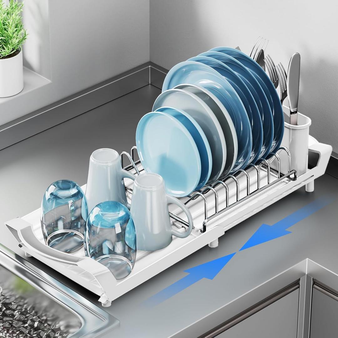 Expandable Dish Drying Rack for Sink or Countertop  Compact Stainless Steel Dish Drainer with Removable Utensil Holder, Rustproof Plate Rack for Small Kitchen Spaces, White