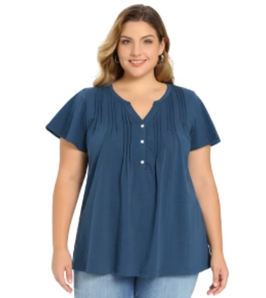 Plus Size Women's Work Tops Button Notch V Neck Shirt Ruffle Sleeve Dressy Casual Summer Blouse, 1X