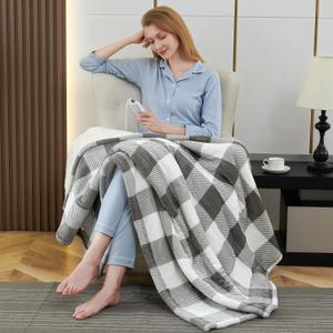 Electric Heated Blanket Throw 50" x 60" Full Body Size Fast Heating Blanket, 100% Polyester Flannel, 4 Heating Levels 4 Hours Auto-Off, ETL Certified Machine Washable (Grey White Plaid)