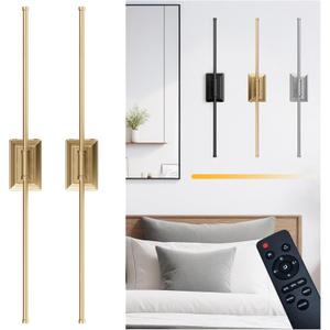 Battery Operated Wireless Wall Sconce - Modern Rechargeable Led Sconces in Black Gold Silver - Bedroom Decor Stick On Lights Set of 2 - Long Indoor Living Room Bathroom Remote Wall Light