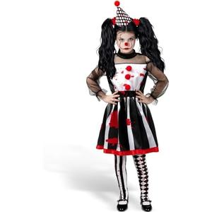 DIIQII Girls Scary Clown Costume: Black and White Bloody Jester Dress with Headband Leggings for Halloween Creepy Dress Up, Size Medium