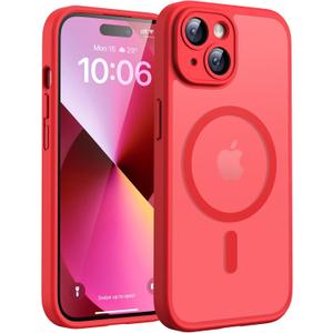 TOCOL Magnetic for iPhone 13 Case, Upgraded Full Camera Protection, Compatible with Magsafe, 15FT Drop Protection, Translucent Matte Back Bumper Phone Cover 6.1-Inch (Red)