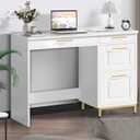 4 EVER WINNER White Desk with Drawers and Golden Handle, 43 Inch Small Desk with 4 Storage Drawers, Computer Desk with Storage Shelves for Home Office, White and Gold