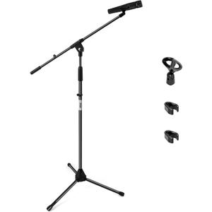Pyle Foldable Tripod Microphone Stand - Universal Mic Mount and Height Adjustable from 37.5'' to 65.0'' Inch High w/ Extending Telescoping Boom Arm Up to 28.0'' - Knob Tension Lock Mechanism PMKS3