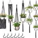 Mkono Macrame Plant Hangers, 6 Pack Indoor Hanging Planters for Plants with 6 Hooks Decorative Hanging Basket Flower Pots Holder Stand in Different Sizes for Modern Home Decor, Black