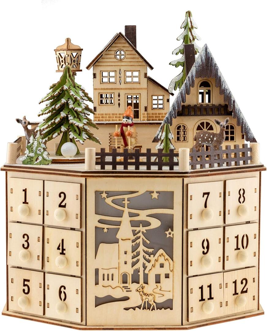 Clever Creations Wooden Christmas Advent Calendar, Countdown to Christmas, LED Holiday Decoration, Battery, Round Village