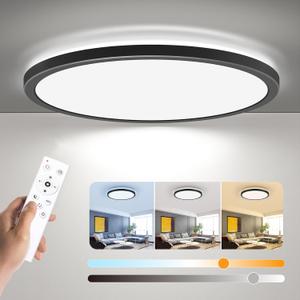 BLNAN Dimmable LED Flush Mount Ceiling Light Fixture with Remote Control, 12Inch 3000K-6500K Light Color Adjustable, Modern Ultra-Thin Ceiling Lamp for Bedroom Kitchen, Wired (Black)