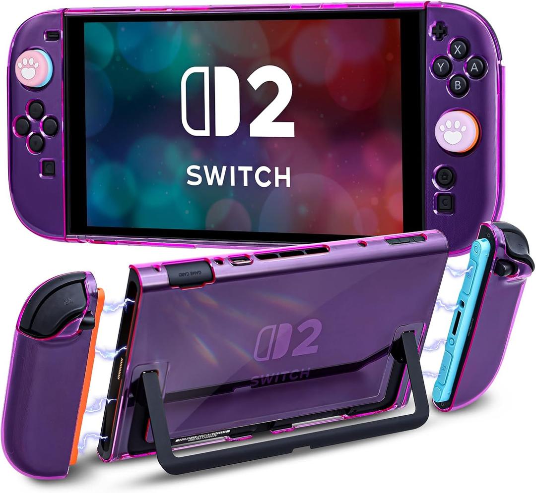 DLseego Protective Hard Case for Nintendo Switch 2 2025, Soft Grip Cover for Joy Con,Detachable JoyCon Controller Shockproof & Scratch-Resistant Console Shell, 4 Love Thumb Grips,Transparent- Purple