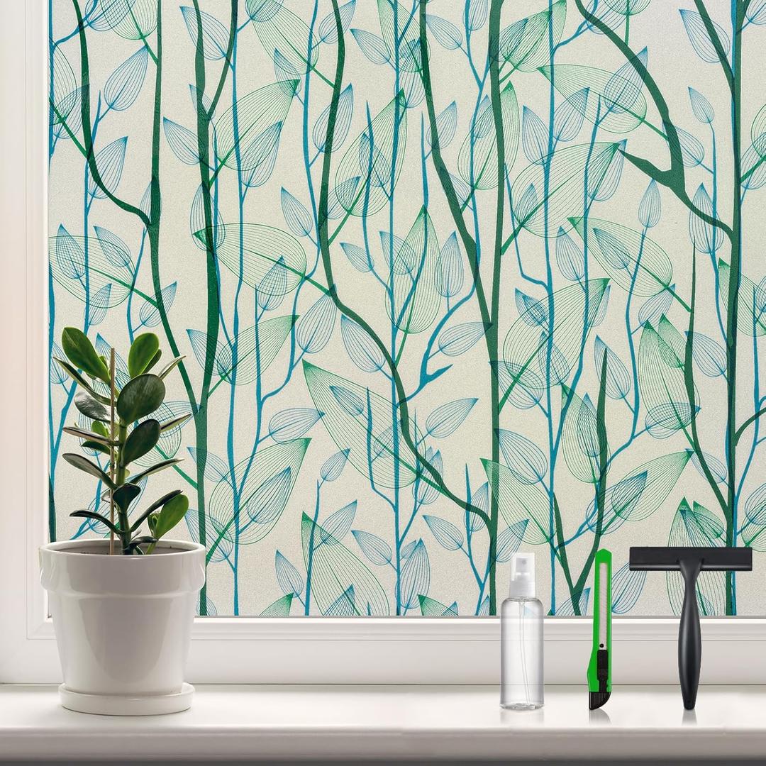 DKTIE Window Film Privacy with Installation Tools, Decorative Stained Glass Window Clings for Home, Static Cling Window Sticker for Front Door, Bathroom (Green, 35.4'' x 118.1'')