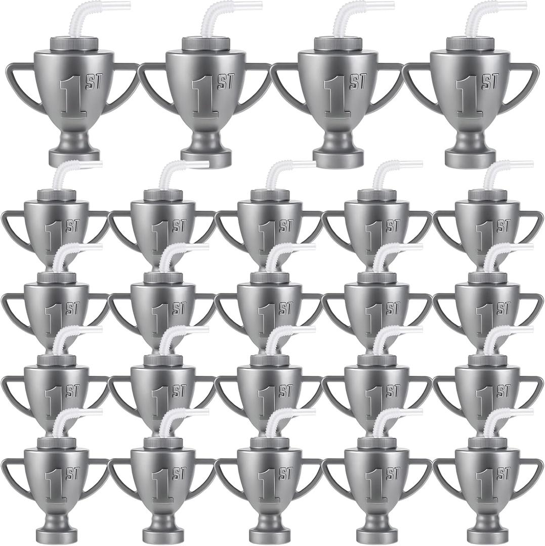 Amyhill 12 Pcs Race Car Trophy Cups With Straws and Lids 12 Oz Plastic Race Car Birthday Party Supplies And Favors For Kids Adults Props Rewards Winning Prizes Competitions (Silver)