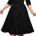 CLOCOR Women's Plus Size Midi Dress 3/4 Sleeve A-Line Swing Dress V Neck Flowy Casual Dresses (Black, L)