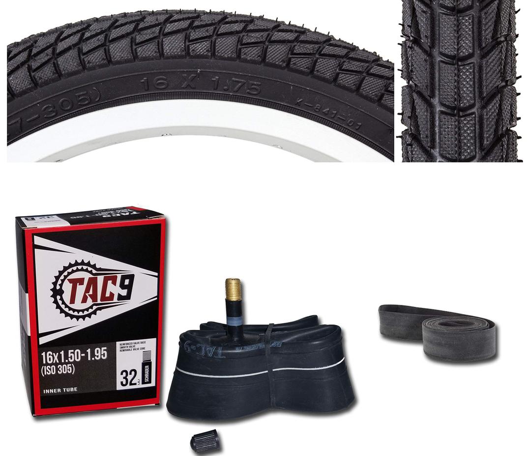 2 Pack - Tires, Tubes, Rim Strips Combo - 16" x 1.75" Freestyle Kontact Bike Tire, Tube and Rim Strip Bundle - TAC 9 Bicycle Products
