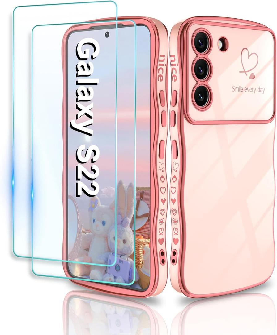 for Samsung Galaxy S22 Case,Curly Wave wirh Cute Heart Pattern Case for Women Girls,Shockproof Edge Bumper,Full Camera Protective Case,Pink (Galaxy S22(6.1 IN))