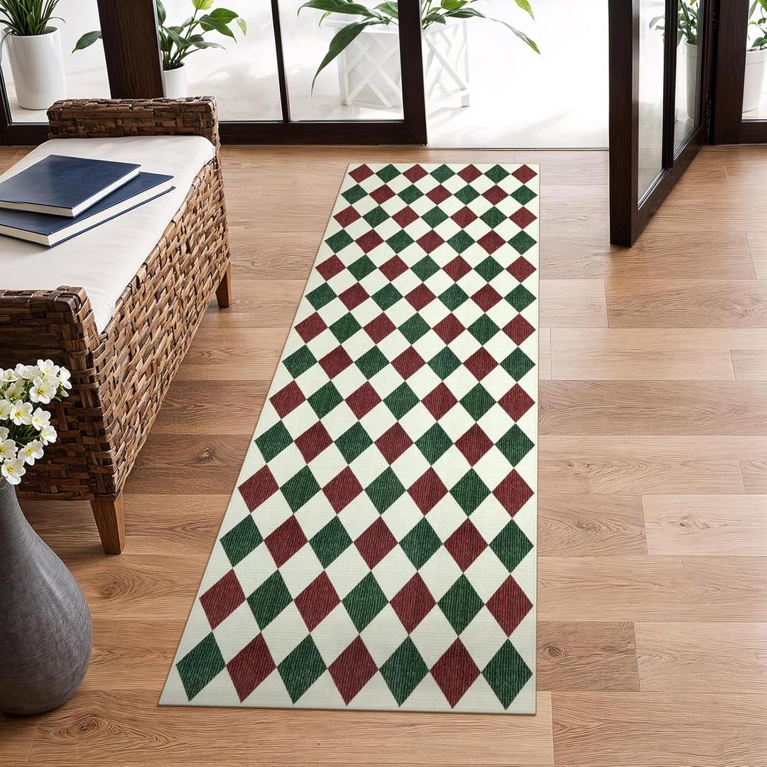 LIVEBOX Checkered Runner Rug, 2x6 Washable Kitchen Bathroom Runner Rug, Modern Laundry Room Carpet Runners, Christmas Plaid Soft Non Slip Indoor Runners for Entryway Bathroom Bedroom Laundry (Berry Red/Pine Green)