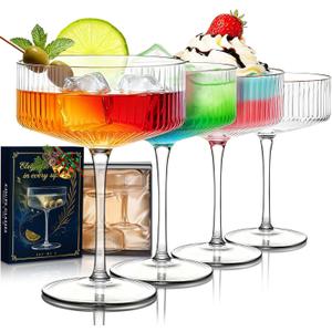 Evoio Martini Coupe Glasses Set of 4 | 10 oz Elegant Ribbed Vintage Cocktail Glasses, Premium Crystal Glass for Champagne, Espresso Martini, Desserts | Perfect for Gifts & Entertaining