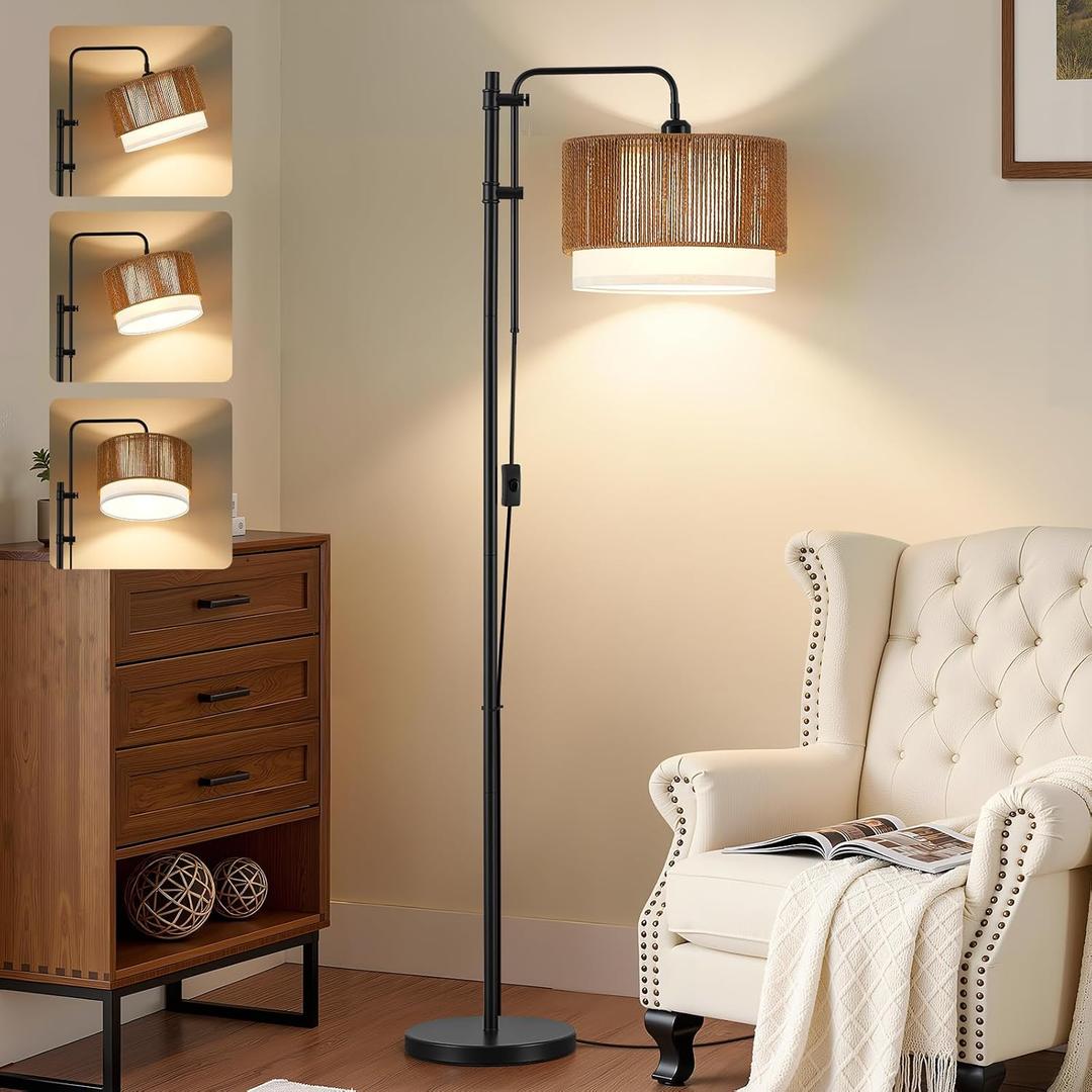 GyroVu Rattan Floor Lamp for Living Room, Adjustable Height Standing Lamp