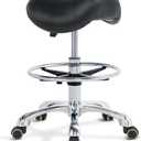 Grace&Grace Ergonomic Rolling Saddle Stool Chair with Wheels Adjustable Swivel Stool with Back and Footrest Heavy Duty for Esthetician, Artist, Dental, Medical, Spa, Salon, Cutting, Home Office (Extra-black)