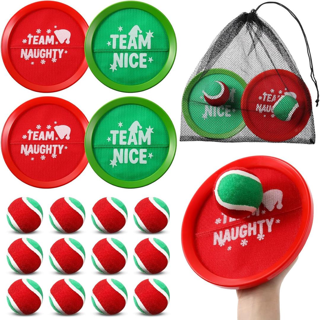 Soulchen 12 Set Christmas Games Include 12 Team Naughty or Nice Paddles 12 Balls and Storage Bag, Xmas Toss and Catch Ball Game, Holiday Christmas Party Stocking Stuffers for Indoor Outdoor Beach Yard