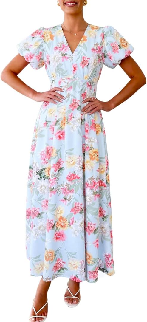 Flessibili Womens Summer Floral Maxi Dress Wedding Guest Party Long Dresses 2026 (Blue, S)