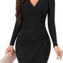 IHOT Women's Glitter Party Dresses Sexy V Neck Long Sleeve Faux Wrap Ruched Bodycon Sparkly Night Club Dress (Black) XL