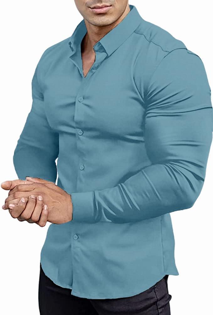 Mens Muscle Fit Dress Shirts Athletic Slim Fit Long Sleeve Stretch Casual Button Down Shirt (Large, Blue Grey)