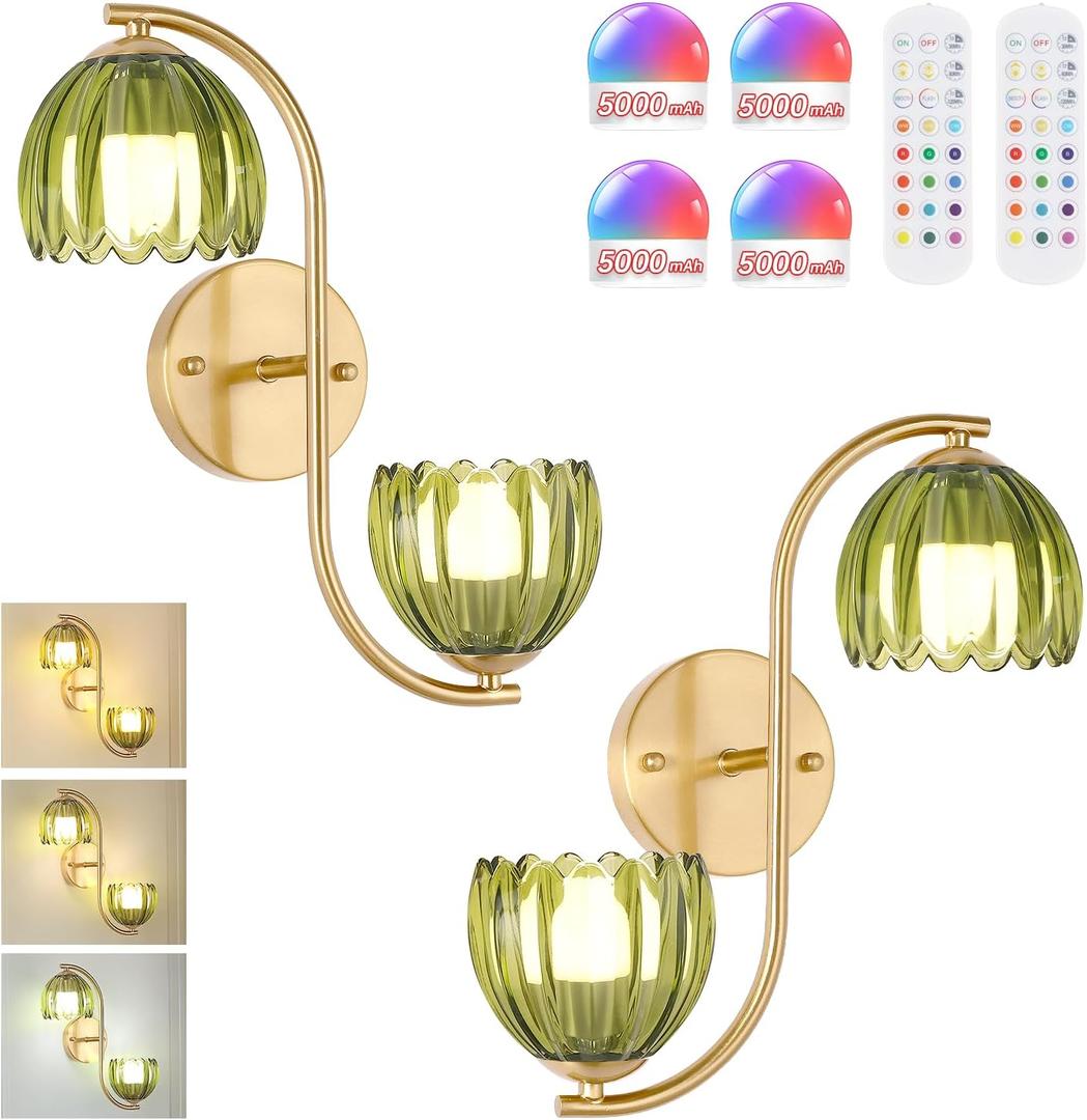 Battery Operated Wall Sconce, 2-Lights Vinatge Brass Wall Lighting Up and Down with Green Tulip Shade for Living Room, Bedroom, Symmetrical 2 Pack