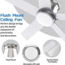 wurzee 60 inch Flush Mount Ceiling Fan Brushed Nickel ceiling fans with lights 6 Speeds DC Reversible Motor, Timing, Dimmable, 5 Blades for Bedroom, Living Room Dining Room Patio