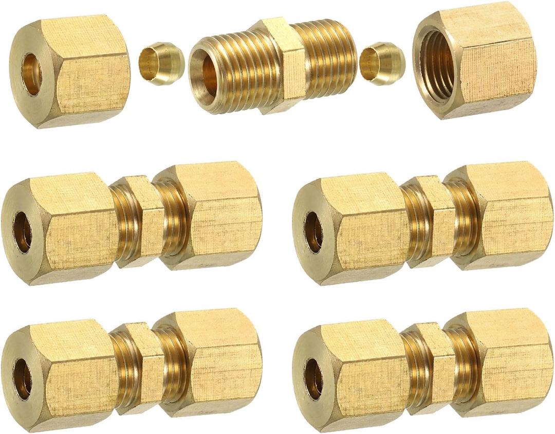 uxcell 5Pcs Brass Compression Tube Fitting, 6mm Tube OD Connector, NPT Thread Compression Union Connectors & Compression Sleeves Ferrules, Brass Straight Coupling Adapter