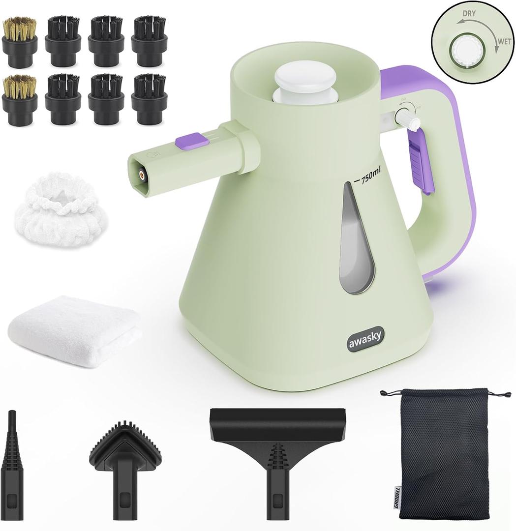 awasky Steam Cleaner Handheld: 1200W Fast 10-Sec Heat-Up-750mL (25oz) Tank-No Cooling-Refill Anytime-Lockable Steam Trigger-14-Piece Kit Hand Held Steamer for Home Car Grout Tile Cleaning (Green)