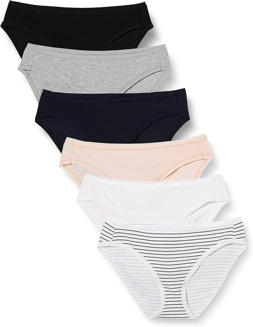 Amazon Essentials Women's Cotton Bikini Brief Underwear, Pack of 6, Multicolor/ Heather/ Stripe, Large