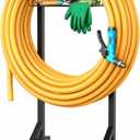 Garden Hose Holder Water Hose Reel Stand with Storage Basket Holds 160ft, Heavy Duty Freestanding Hose Stand with Triangular Base, Metal Hanger for Outside Yard Lawn, Black