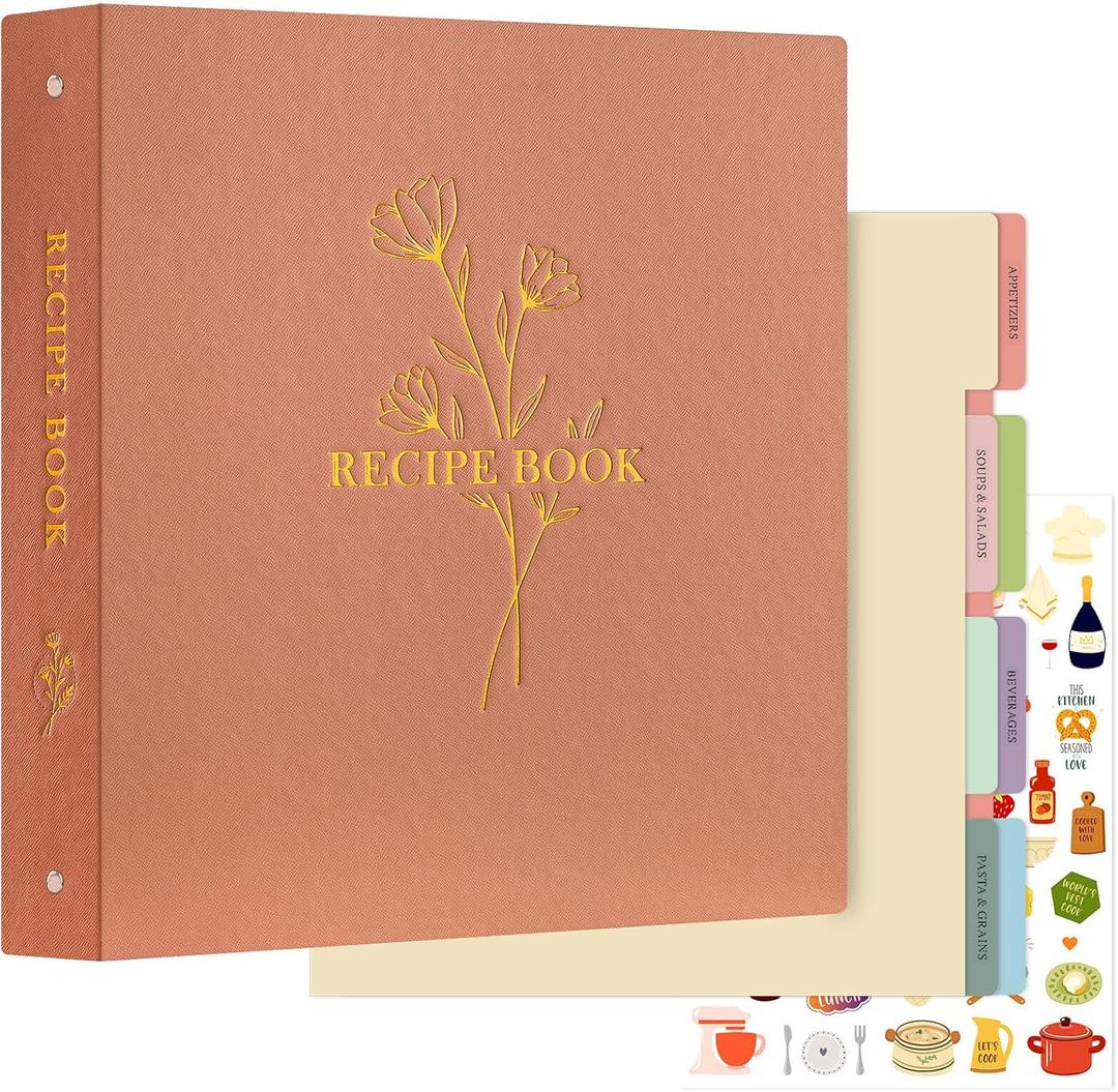 Lanpn Recipe Binder 8.5x11 3 Ring Kit, Waterproof Recipe Book Organizer Binder with 60 Plastic Sleeves,116 Recipes, Dividers,Labels & Stickers, Blank Recipe Binder to Write in Your Own Recipes, Rose