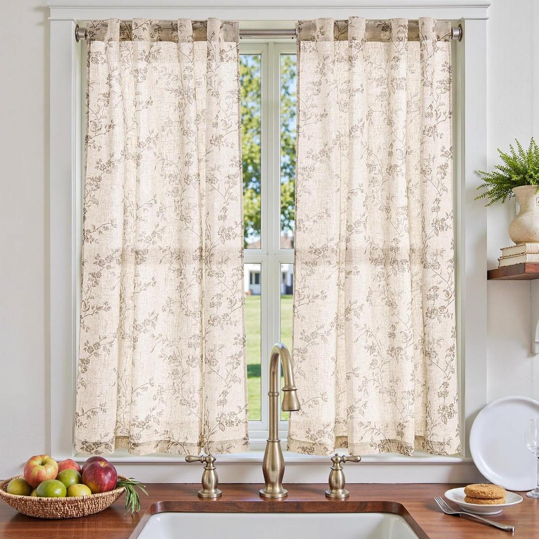 jinchan Floral Kitchen Curtains 54 Inch Linen Tier Curtains Farmhouse Cafe Half Window Drapes for Small Windows Light Filtering Taupe on Beige for Living Room Bathroom Back Tab 2 Panels