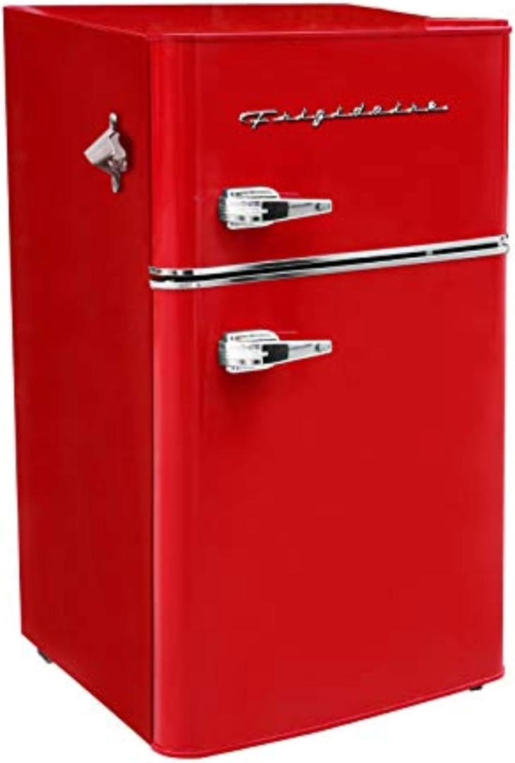 Frigidaire Retro Compact Fridge Freezer Combo, 3.1 cu. ft. Capacity, Small Top Freezer Refrigerator, Mini Fridge with Built-in Bottle Opener  19"D x 20.5" W x 33.5" H (Red)